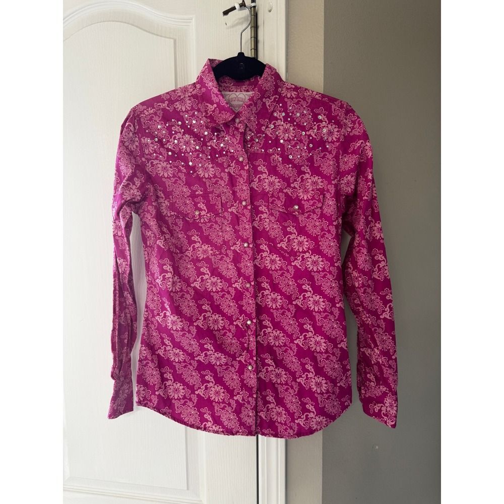 Cowgirl Hardware Bling Western Pearl Snap Rodeo Shirt Pink Y2K Cowgirl Small